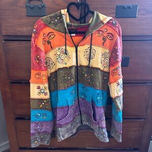 Boho Style Artsy Zip Up Hoodie, Rising International Size Small/Med